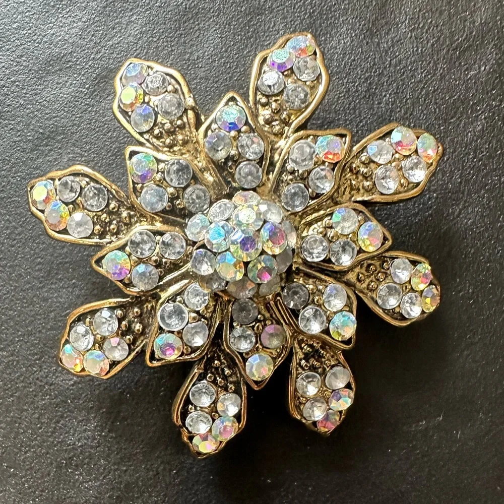 Vintage Flower Brooch Iridescent Rhinestones Gold Tone Metal